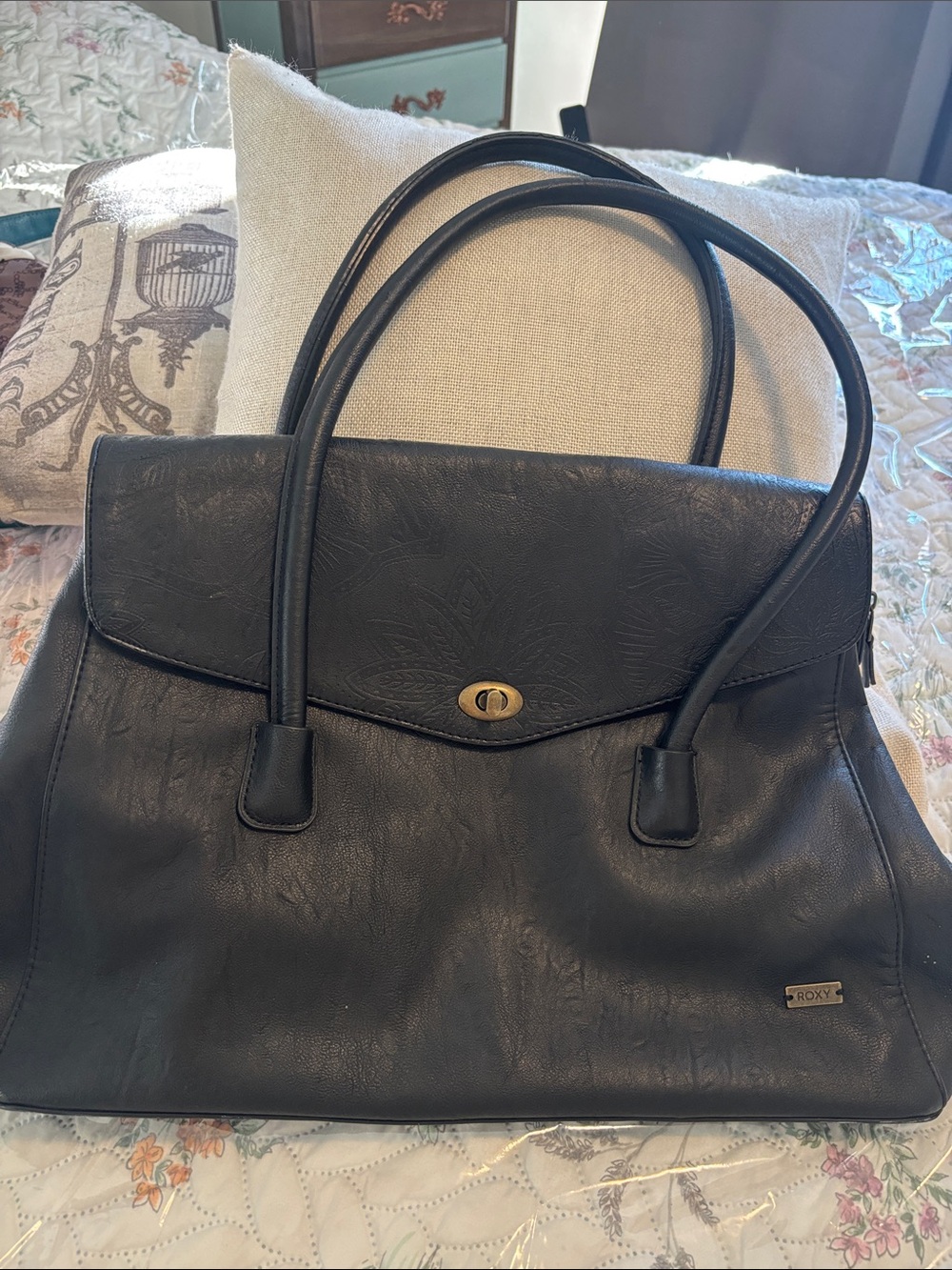 Roxy Black Double-Handle Shoulder Bag with Turn-Lock